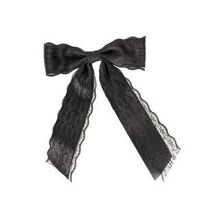 Elegant black lace bow hair clip with vintage long ribbons on a clean white background