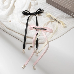 Lot de 3 barrettes à nœuds en satin avec perles en noir, rose et blanc crème élégant