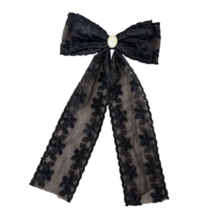 Elegant black lace bow hair clip with vintage faux pearl and crystal center for women