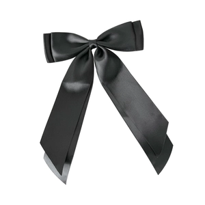 Elegant black double-layered satin bow hair clip with long hanging ribbons on white background