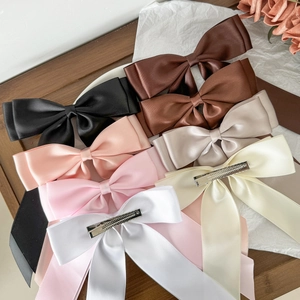Elegant multi-color satin double bow hair clips set with silver metal duckbill clips