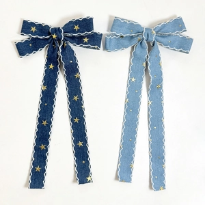 Vintage Denim Star Bowknot Hair Clip For Women Long Streamer Duckbill Clip Embroidery Edge Sweet Fashion Hair Accessories