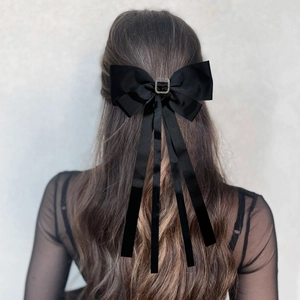 Elegante fermaglio per capelli a fiocco nero con cristallo e lunghi nastri di raso