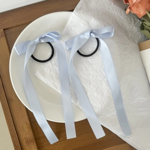 Dettaglio di due elastici per capelli con fiocco in raso azzurro su un piatto di ceramica