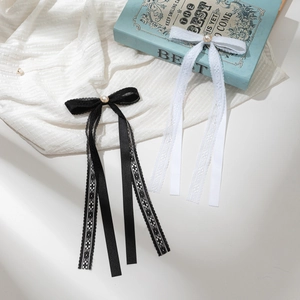 French Vintage Lace Ribbon Bow Hair Clip Long Streamers Faux Artificial Pearl Duckbill Clip For Women Sweet Elegant Hair Accessories