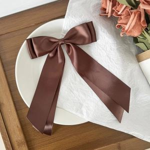 Close-up of elegant coffee brown satin bow hair clip with long ribbons on white tray