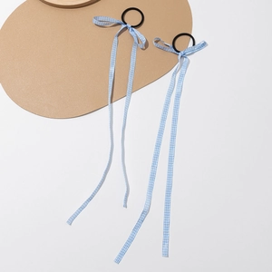 Élastique à cheveux japonais avec nœuds papillon à carreaux bleus et longs rubans
