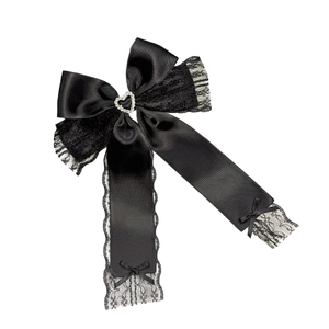 Lace bow hair clip with heart rhinestone and long ribbons in black satin finish
