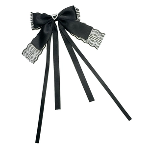 Subculture gothic black lace bow hair clip with silver heart rhinestone and long ribbons