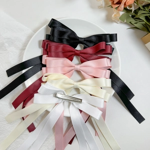 Elegant double-layered satin bow hair clips with long streamers in five colors