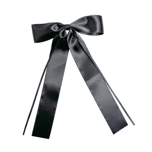 Elegant large black satin bow hair clip with long ribbons for women stylish hair accessory