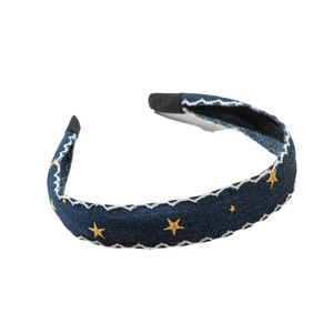 Vintage dark blue denim headband with yellow star embroidery and white wavy stitching details
