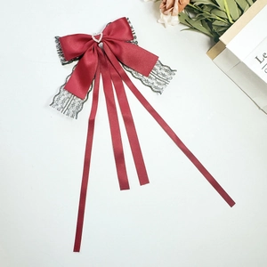 Subculture burgundy lace bow hair clip with heart rhinestone and long silk streamers