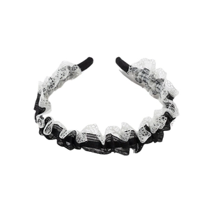 Elegant black and white layered lace headband with a ruffled Lolita style design for women