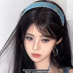 Vintage denim star headband with gold embroidery and stylish high-crown padded design