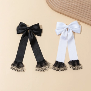 Elegant Satin Bow Hair Clip With Long Ribbon And Lace Trim Retro Sweet Style Hair Accessories For Women Black White