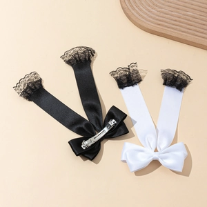 Elegant satin bow hair clips with lace trim in black and white set for women