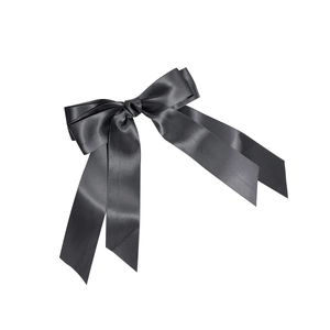 Elegant double-layered black satin hair bow clip with long ribbons on white background