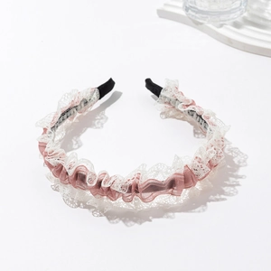 Elegant pink and white lace headband with tiered chiffon ruffles for women