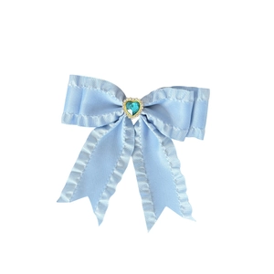 Vintage light blue silk bow hair clip with heart-shaped blue rhinestone and crystal edges