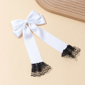 Elegant white satin bow hair clip with long streamers and black lace edges for women