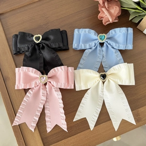 Vintage Ruffled Satin Bow Hair Clip For Women Japanese Sweet Cool Style Rhinestone Heart Side Bangs Clip Hair Accessories
