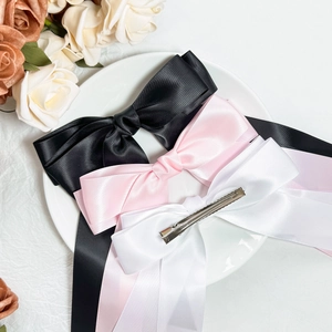 Elegant double-layered satin bow hair clips set in black pink and white colors
