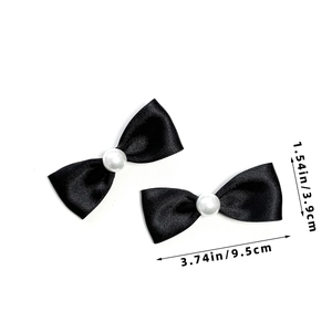 Paio di fermagli per capelli con fiocchi di raso nero e perle, lunghezza 9,5 cm