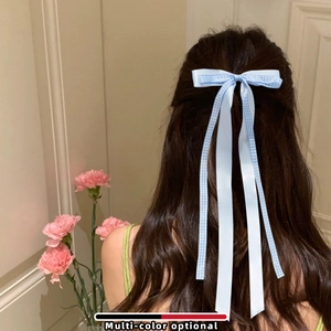 Barrette à Nœud en Satin à Carreaux Style Preppy Doux Avec Longs Rubans Pince Bec de Canard Accessoires de Coiffure pour Femmes