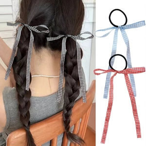 Gingham bow hair scrunchies with long ribbons in black, blue and red patterns