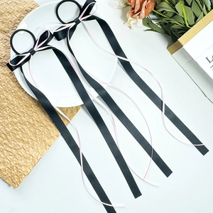 Elastici per capelli con fiocco rosa e nero estetica balletto e nastri lunghi eleganti