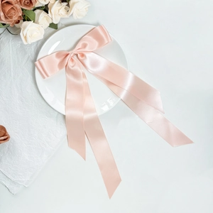 Detail of light pink satin bow hair clip with long ribbons on a white porcelain plate