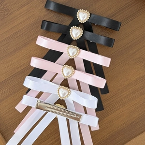 Barrettes nœuds style ballet avec perles cœur en ruban noir, rose et blanc lot