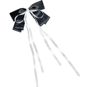 Elegant black and white satin bow hair clip with long silk ribbons for women