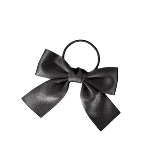 Elegant black satin bow hair tie with high elastic rubber band for women hairstyle