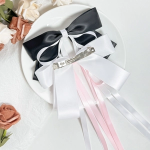 Elegant satin bow hair clips with long ribbons in black, white and pink colors