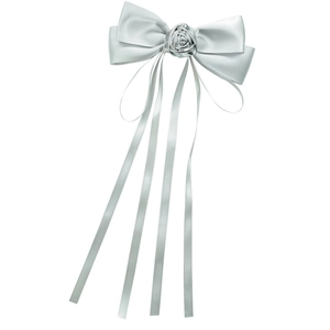 Elegant white satin bow hair clip with a metallic rose center and long flowing silk ribbons