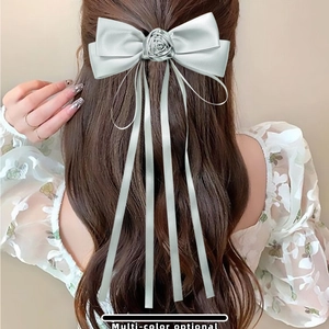 Elegant Satin Ribbon Bowknot Streamer Hair Clip With Metal Rose Large Spring Clip For Women Back Of Head Hair Accessory