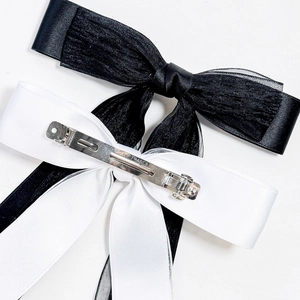 Elegant double-layered mesh bow hair clip with ribbons and metal spring clip set