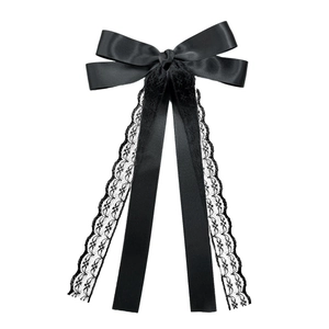 Barrette à nœud en dentelle noire élégante avec longs rubans en satin pour femmes