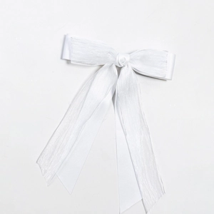 Elegant white double-layered mesh bow hair clip with long ribbons for women