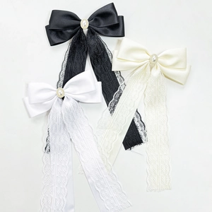 Elegant French Satin Lace Bowknot Hair Clip With Faux Artificial Pearl Rhinestone Long Ribbon Spring Clip Hair Jewelry For Women