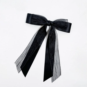 Elegant black double-layer mesh bow hair clip with long ribbons and satin texture