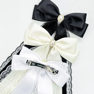 Elegant French lace bow hair clip with pearl and satin ribbon for women accessories
