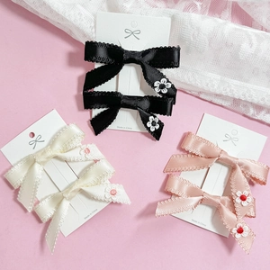 Sweet Bow Hair Clips Floral Embroidery Satin Ribbon Hairpins With Lace Edge Cute Ponytail Side Fringe Clip Pair Set