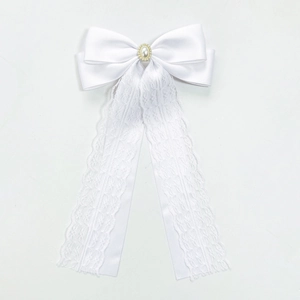 Elegant white lace ribbon bow hair clip with pearl embellishment for French style hair