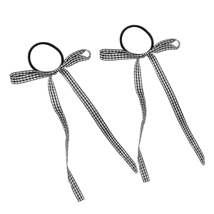 Set of two black and white checkered bow hair ties with long ribbons for girls