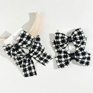French Vintage Houndstooth Bow Hair Clip Black White Fabric Bowknot Duckbill Clip Elegant Side Fringe Clip For Women