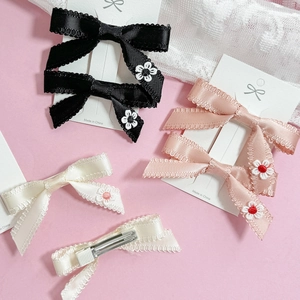 Sweet floral bow hair clips set with lace edging in black, pink, and beige colors