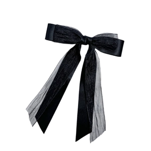 Elegant double-layered black bow hair clip with organza ribbon and satin fabric